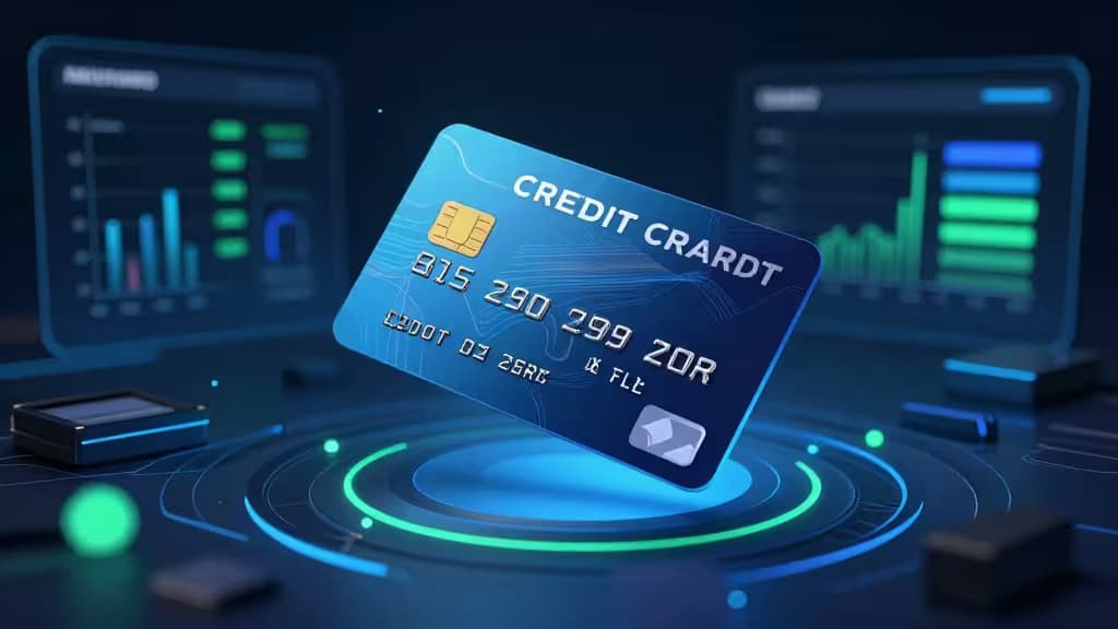 Abstracte illustratie van een virtuele creditcard boven een digitaal dashboard met uitgavengrafieken in blauwe en groene tinten