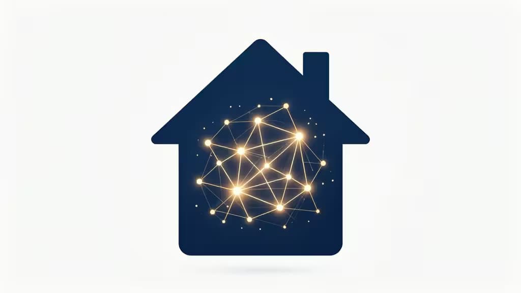 Glowing neural network inside a navy blue house icon symbolizes AI-powered real estate innovation.