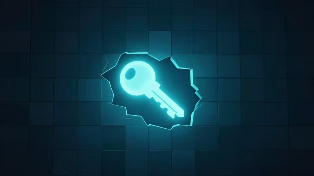 Glowing cyan key breaks through dark tiled wall, symbolizing digital freedom and secure access.