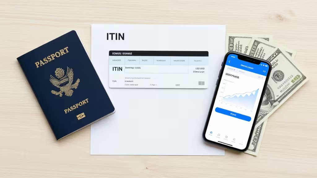 Паспорт, документ ITIN, наличные и приложение банка на светлой деревянной поверхности.