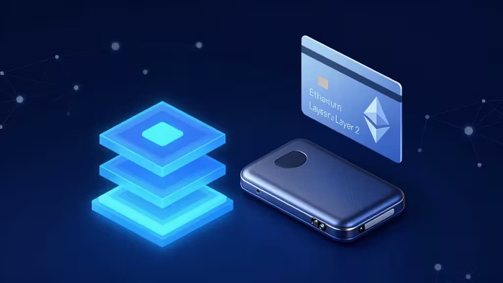 Металлический аппаратный кошелёк рядом со светящимися синими иконками Base и Ethereum Layer 2 на тёмной сетевой цифровой поверхности.