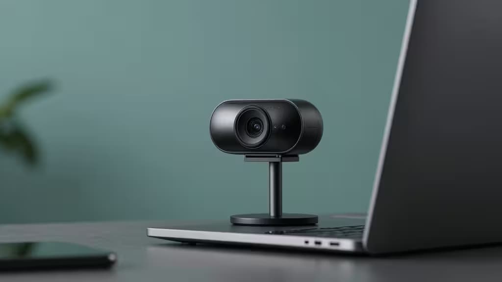 A modern 4K webcam mounted on a laptop monitor in a minimalist desk setup with soft studio lighting.