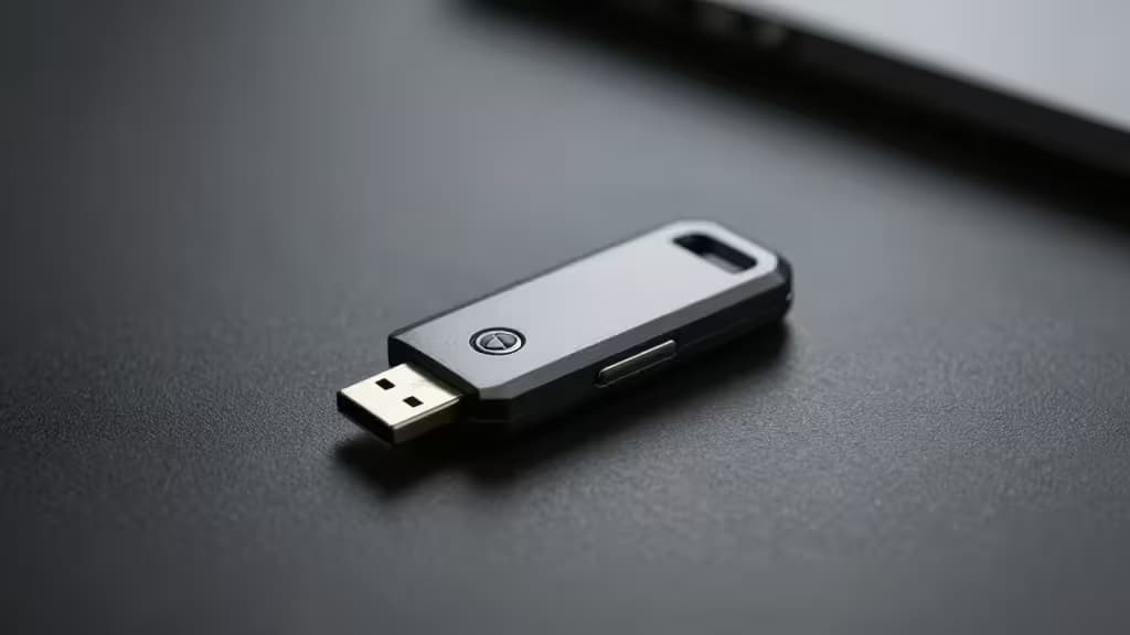 A sleek black YubiKey USB security key rests on a dark textured surface, its metallic connector gleaming under soft lighting.