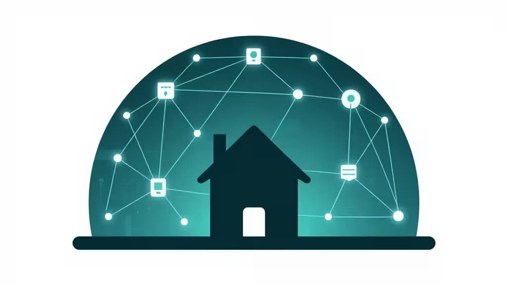 Silueta de casa bajo cúpula turquesa luminosa, conectada por líneas de red a iconos de dispositivos inteligentes, simbolizando protección IoT segura.