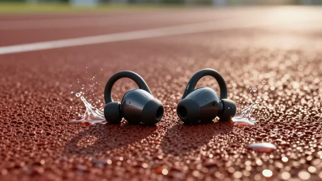 Black silicone earbuds splash on red track, emphasizing sweatproof durability for runners.