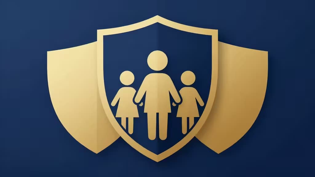 Golden shield with family silhouettes, layered composition, symbolizing secure multi-signature crypto wealth protection.