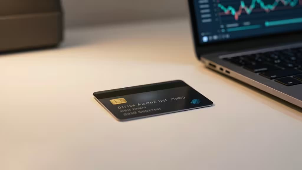 A sleek black business credit card rests on a white desk beside a laptop displaying financial charts.