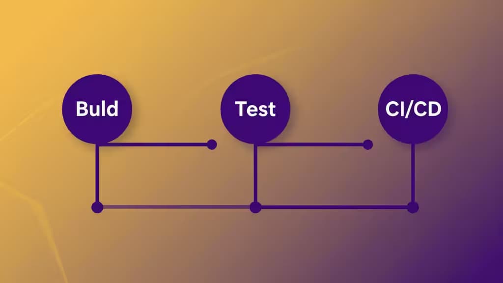 Abstract illustration of a CI/CD pipeline with interconnected nodes representing build, test, and deploy stages in warm amber and deep purple tones