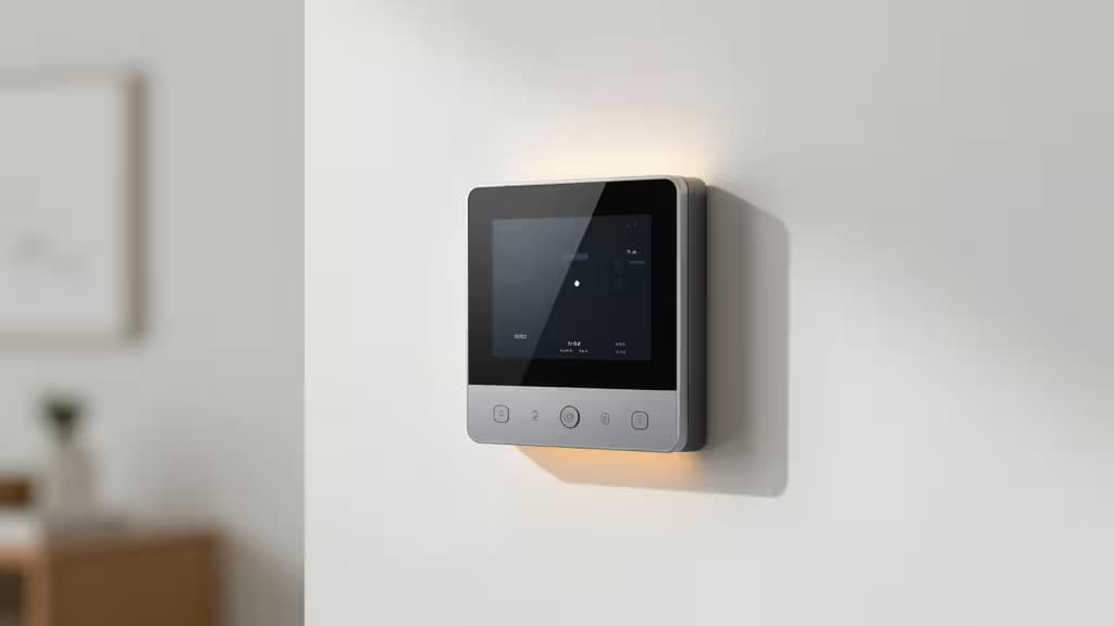 Termostato inteligente compatível com Matter montado em uma parede minimalista e iluminada.