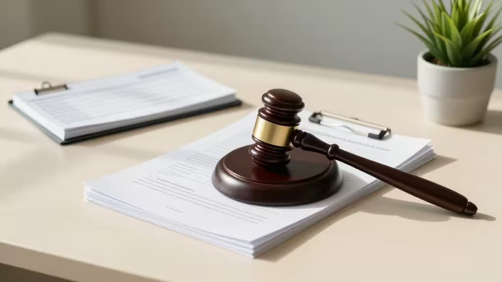 A wooden gavel rests on legal documents beside a clipboard and potted plant on a desk.