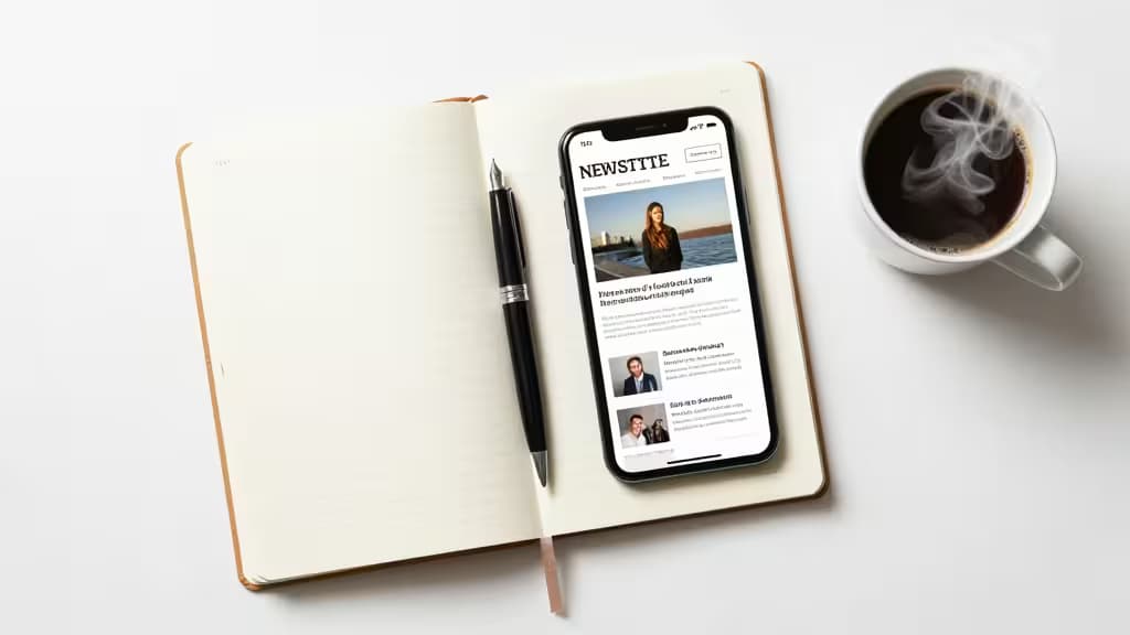 Smartphone affichant une application de newsletter posé sur un carnet ouvert à côté d'une tasse de café fumante, lumière naturelle douce