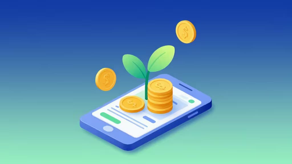 Smartphone azul con monedas de oro apiladas y un brote verde, simbolizando el crecimiento del ahorro automático.