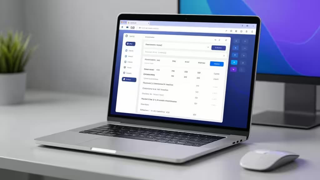 Laptop displays feature flag dashboard with Dutch UI, positioned beside mouse and monitor in modern workspace.