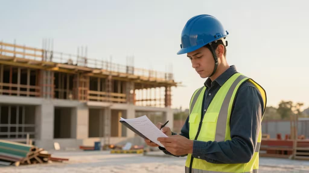 A contractor in a blue hard hat and yellow vest reviews financial documents on a tablet at a construction site.