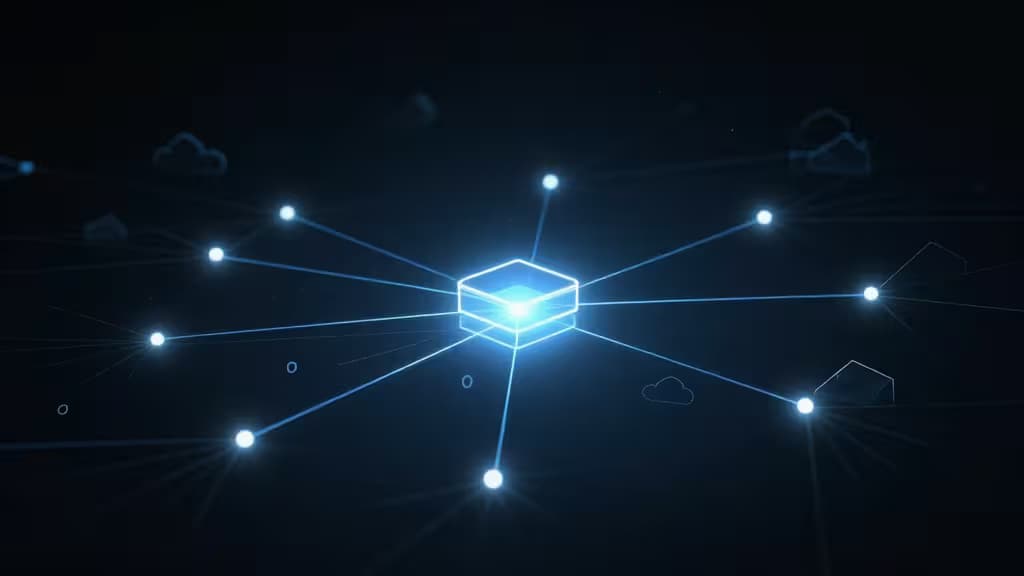 Glowing blue server node radiates light, connecting to distant cloud icons via luminous lines against a dark background.