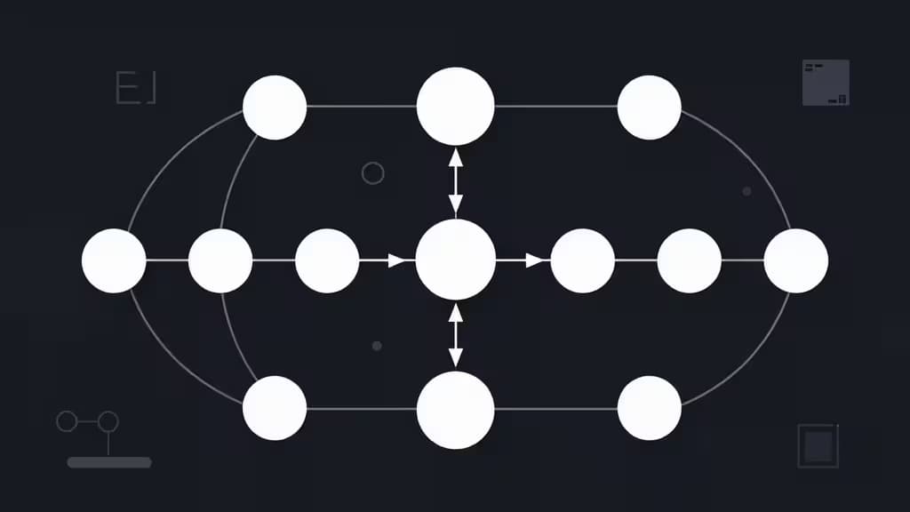 Abstrakcyjna ilustracja potoku automatyzacji workflow opartego na Kubernetes — połączone węzły grafu DAG na ciemnym technicznym tle