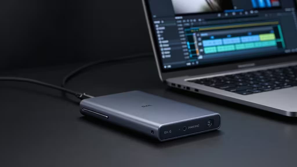 SSD portátil sobre uma secretária ao lado de um portátil com timeline de edição de vídeo, iluminação de estúdio escura e pouco profunda