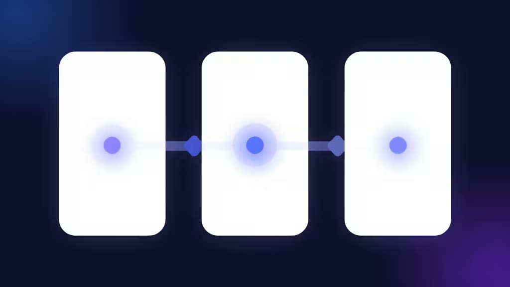 Three white rounded rectangles with glowing blue dots connected by lines on a dark gradient background.