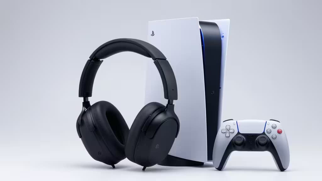 Zwarte PS5-headset, witte console en controller in minimalistische productfotografie.