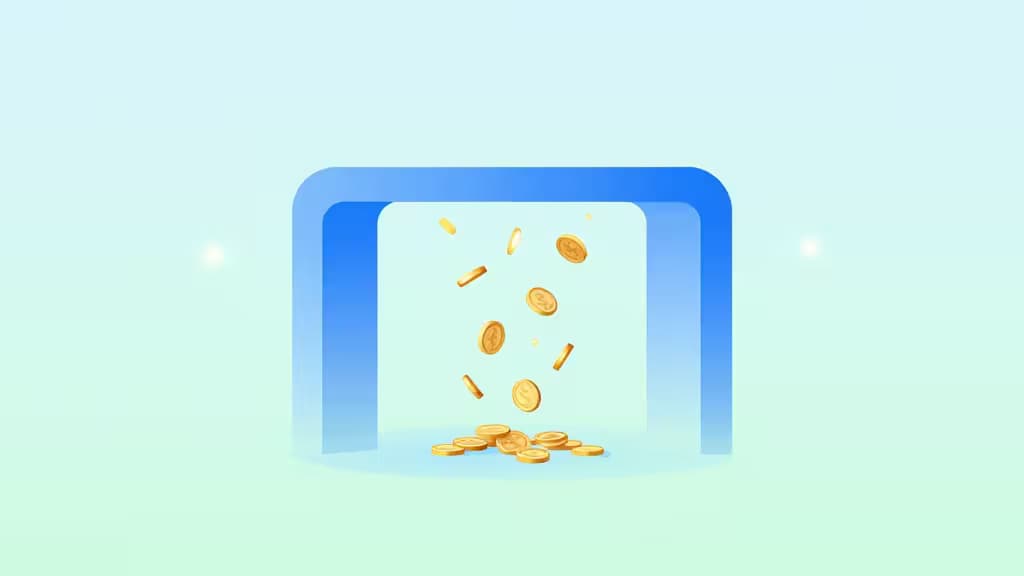 Golden crypto coins cascade through a glowing blue digital gateway, symbolizing low-fee on-ramps for small purchases under $50.
