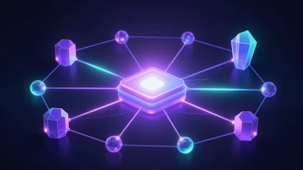 Glowing purple chip connects to floating crystals and spheres via neon lines, symbolizing Solana staking networks.