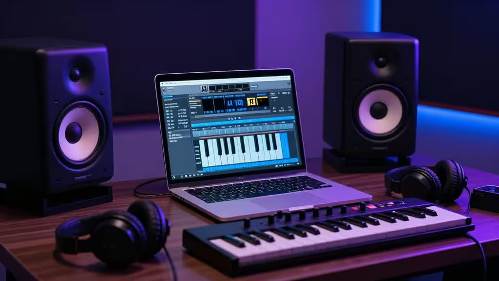 Ein Laptop mit KI-Musiksoftware zwischen Studiomonitoren, Kopfhörern und einem MIDI-Keyboard auf einem Schreibtisch.