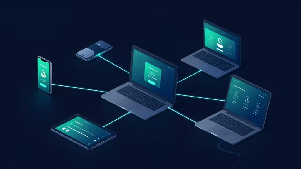 Cinco dispositivos brillantes —portátiles, teléfonos, tablet— interconectados por líneas azules luminosas sobre un fondo oscuro, simbolizando la sincronización fluida de contraseñas entre dispositivos.