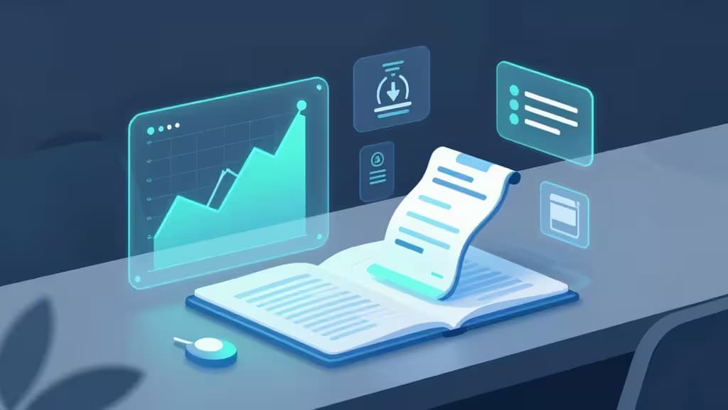 Holographic financial charts and receipt icons float above an open ledger on a sleek desk.