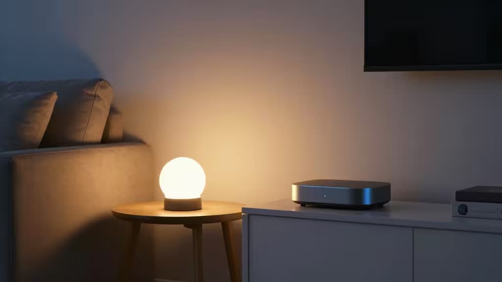 A glowing spherical Zigbee smart lamp illuminates a modern living room beside a sleek media console.