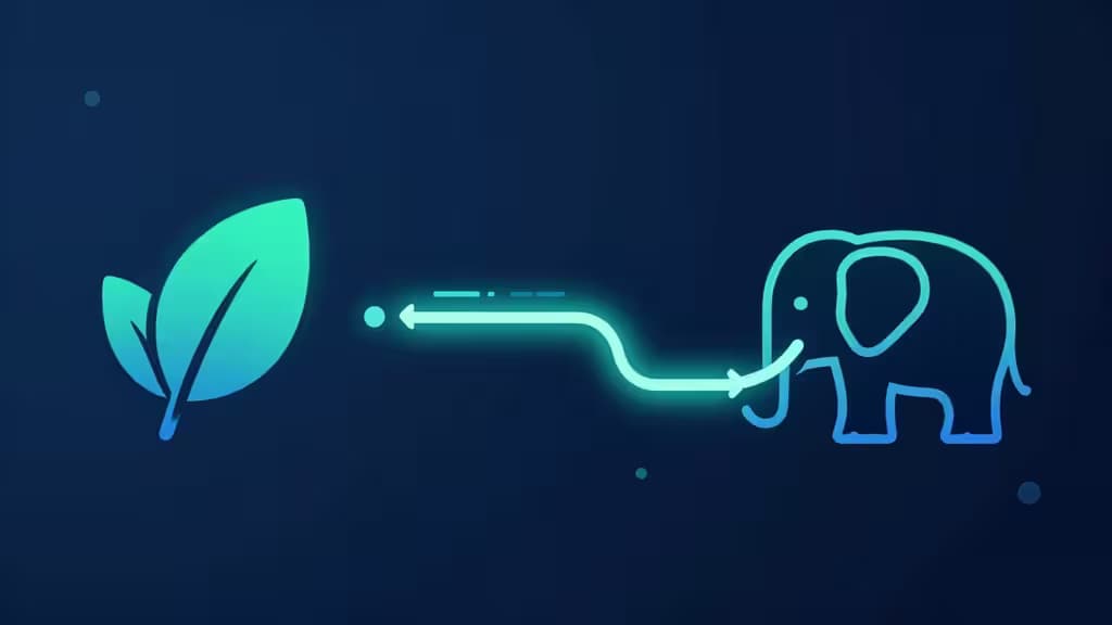 Neon elephant and leaf icons connected by glowing arrow on dark blue background.