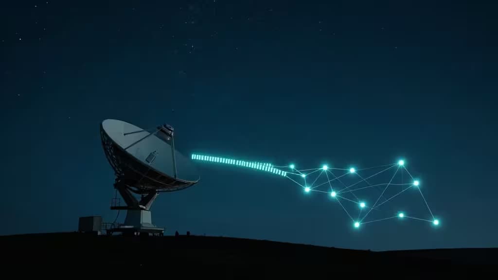 Una antena satelital emite un haz digital brillante que conecta con una red de nodos bajo un cielo estrellado.