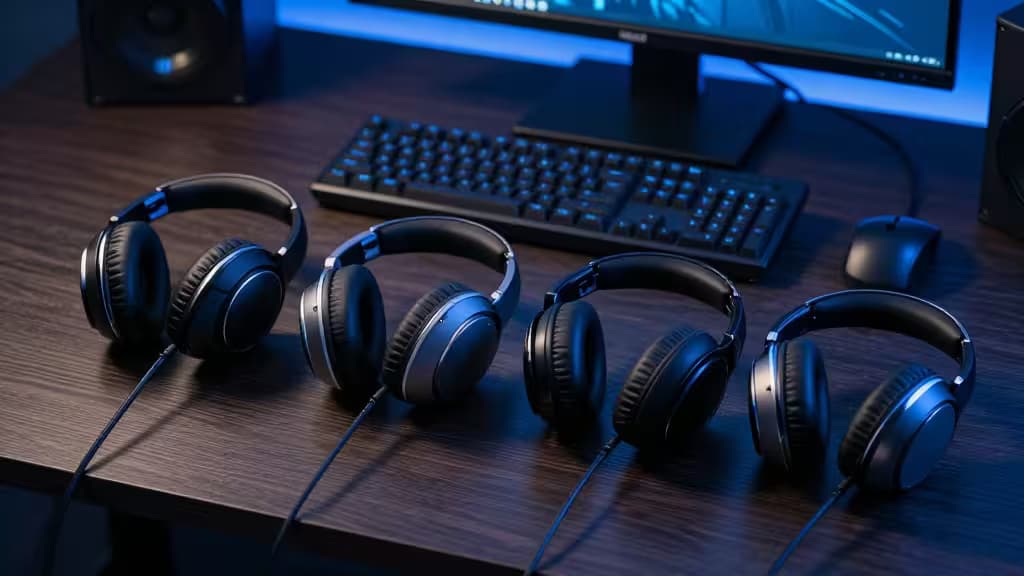 Four sleek black gaming headsets lined up on a dark wood desk beside a keyboard and monitor.