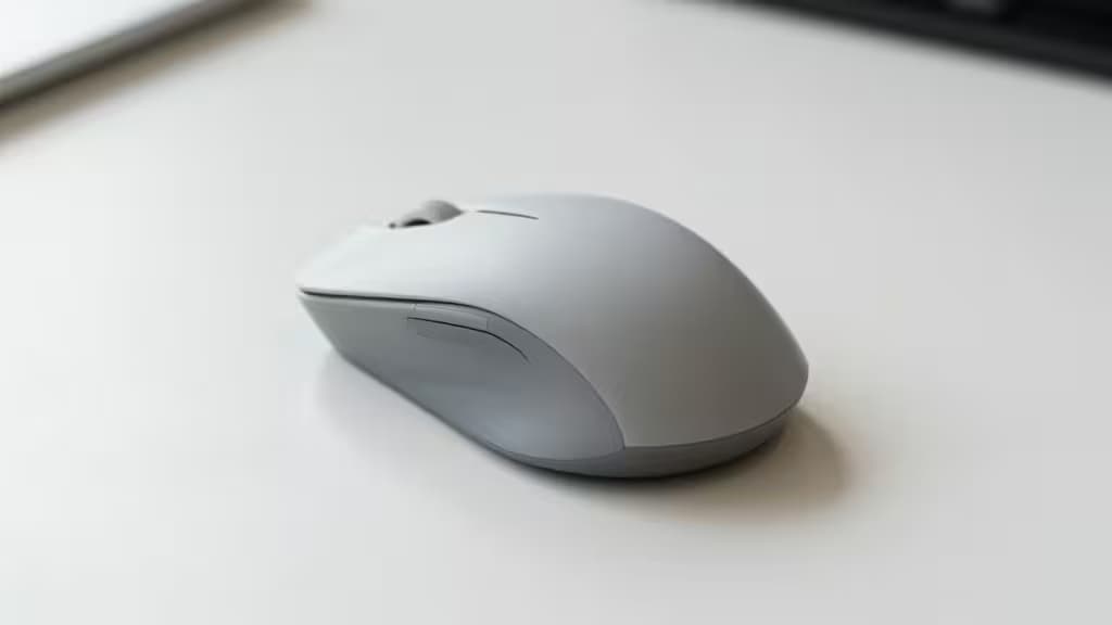 A sleek, matte gray vertical mouse rests on a pristine white desk, embodying ergonomic design for carpal tunnel relief.