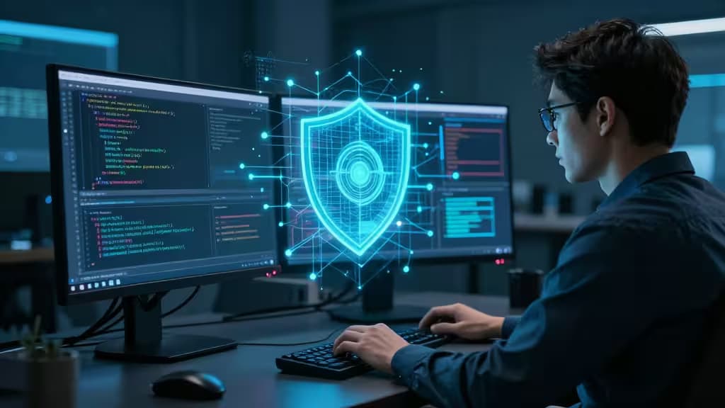 A cybersecurity analyst types at dual monitors displaying code, with a glowing AI shield overlay symbolizing threat detection.