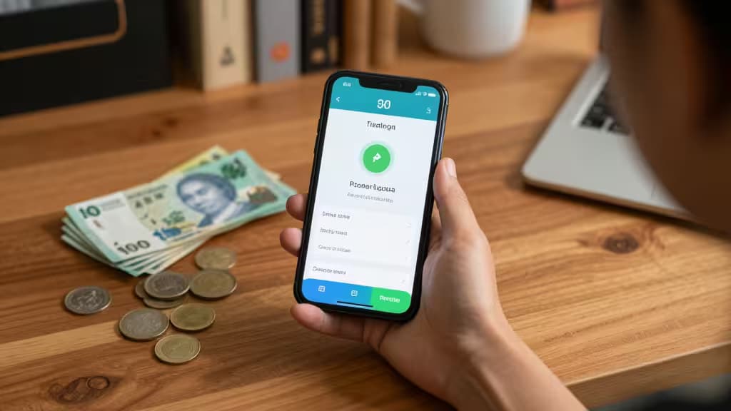 Hand holds smartphone displaying money transfer app, with Philippine pesos and coins on wooden desk.