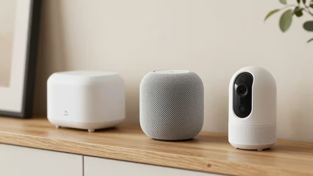 Trzy urządzenia Apple HomeKit — biały hub, szary głośnik i biała kamera — ustawione na drewnianej półce.
