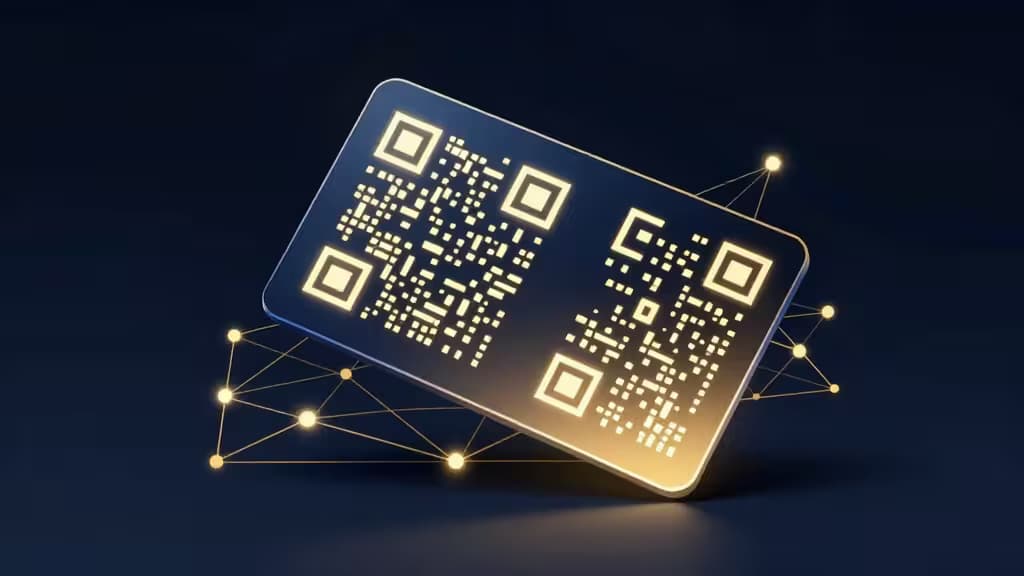 Illustrazione editoriale di un wallet crypto hardware con codici QR luminosi e nodi blockchain su sfondo blu scuro e oro