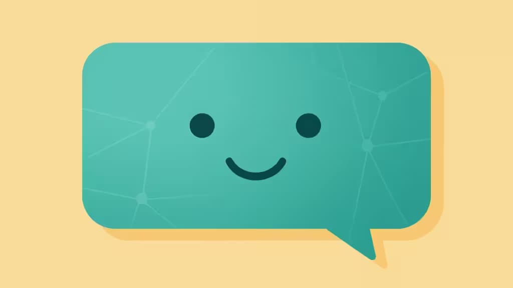Teal chat bubble with neural network lines and a smile, set against a warm amber background.