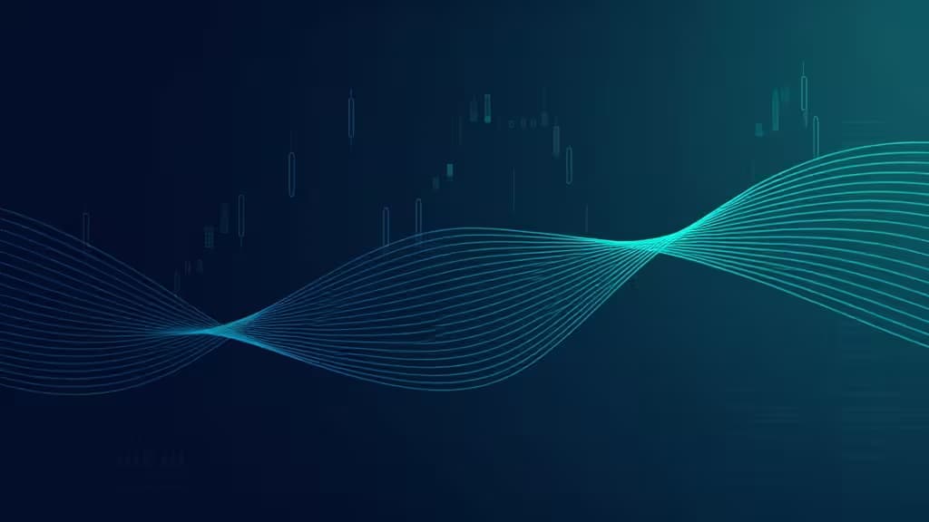 Glowing cyan wave lines flow across a dark blue background, symbolizing dynamic cash flow trends in fintech financial dashboards.