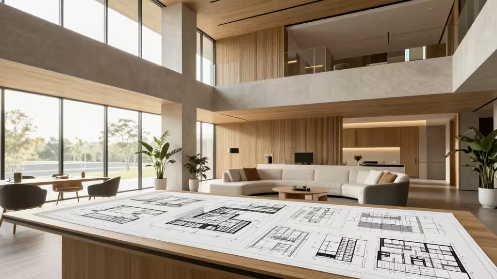 Planos arquitectónicos extendidos sobre mesa de madera en interior moderno iluminado por luz solar natural con mobiliario minimalista y grandes ventanales