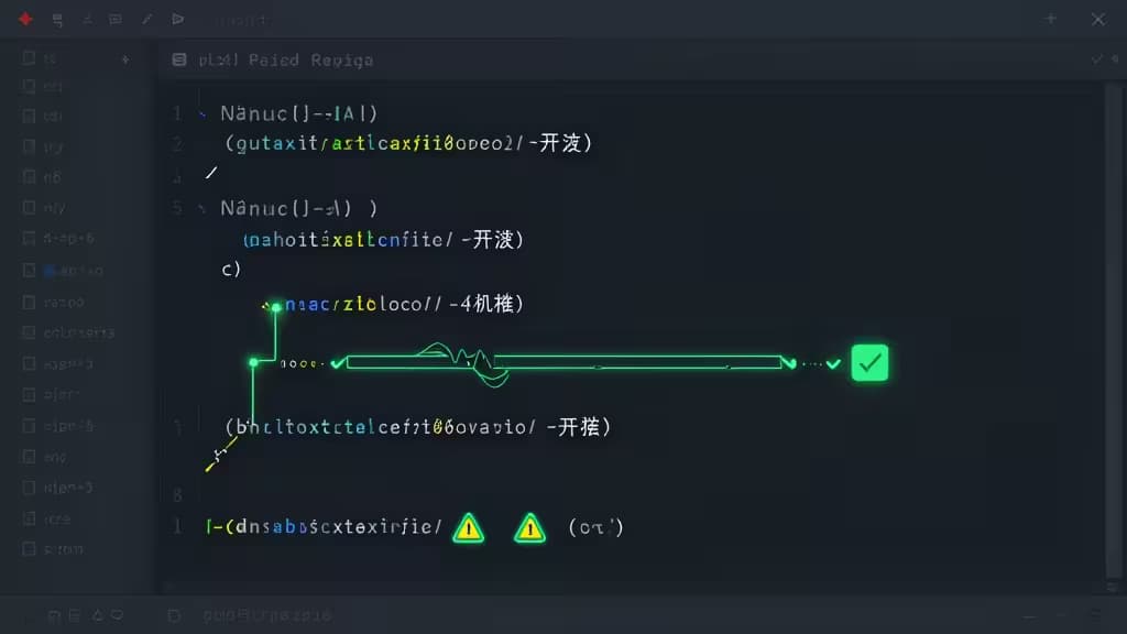 Abstract illustration of a pull request code diff with glowing AI annotation lines, green checkmarks, and warning indicators on a dark editor theme.