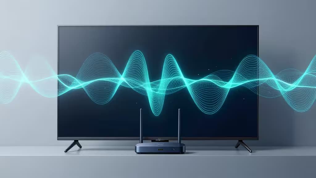 Modern living room with a Chromecast-connected TV and abstract glowing network signal waves emanating from a router, in deep blue and teal tones.
