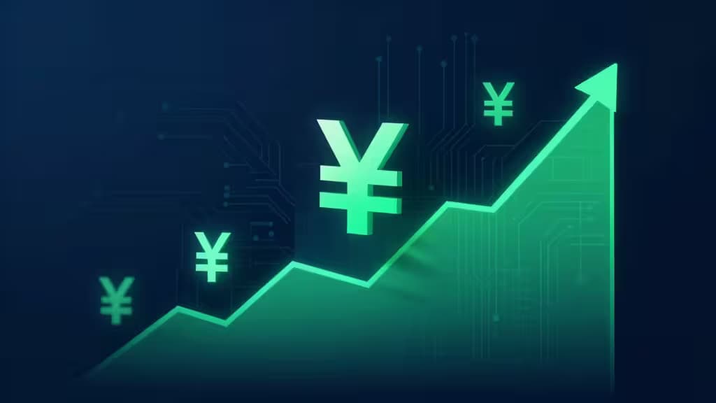 Simboli di valuta verde luminosi salgono lungo una freccia a circuito integrato, simboleggiando la crescita finanziaria delle startup tech nel fintech banking globale.