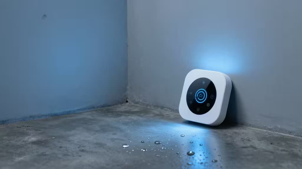Sensore smart bianco con luce blu rileva gocce d'acqua sul pavimento di calcestruzzo del seminterrato.