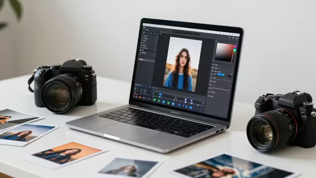 Silver laptop displays AI photo editing software, flanked by two black DSLR cameras and scattered prints on a white desk.