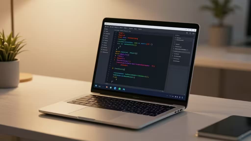 Silver laptop displays Rust code on dark IDE, flanked by potted plants and notebook.