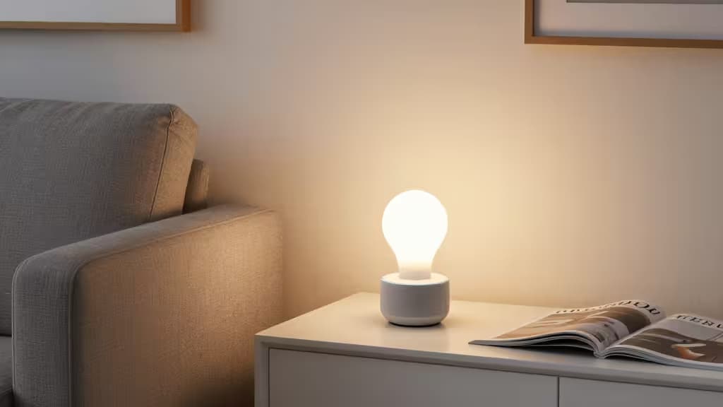A glowing smart bulb on a white side table illuminates a cozy living room with a gray sofa and open magazine.