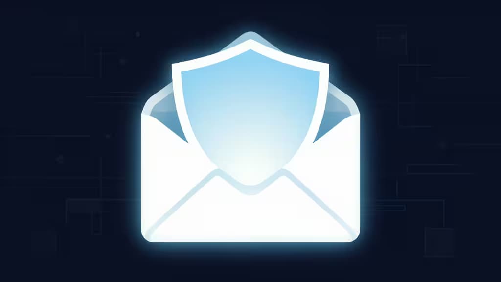 Ilustração de um envelope selado protegido por um escudo de luz sobre fundo azul-escuro, representando privacidade e encriptação de e-mail