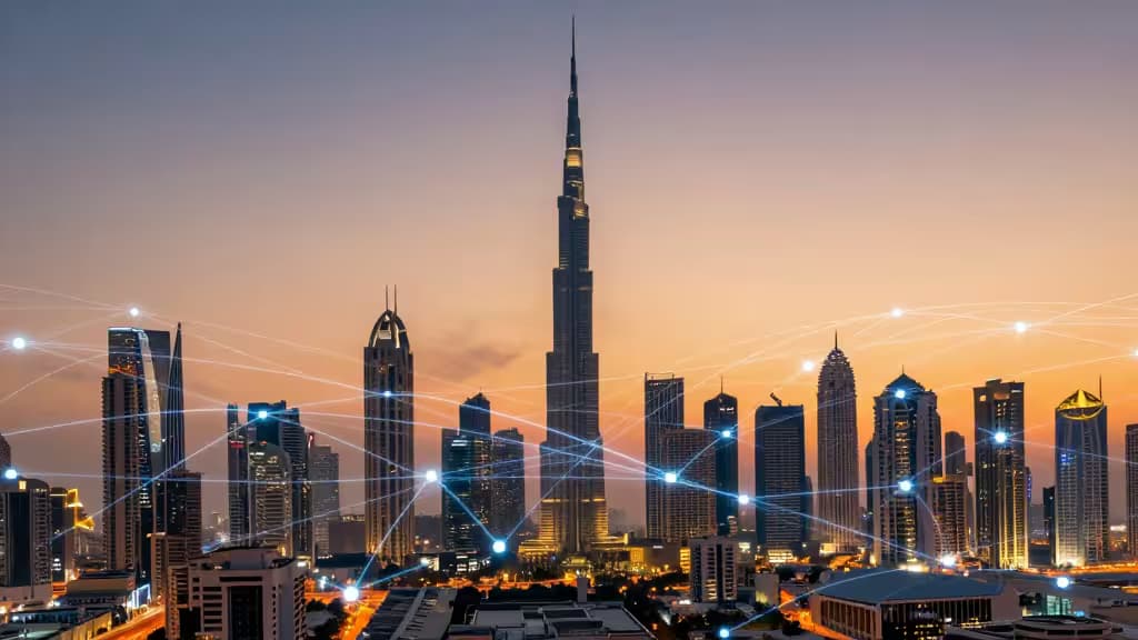Dubai skyline at dusk with glowing digital network lines connecting skyscrapers, symbolizing secure VPN travel.