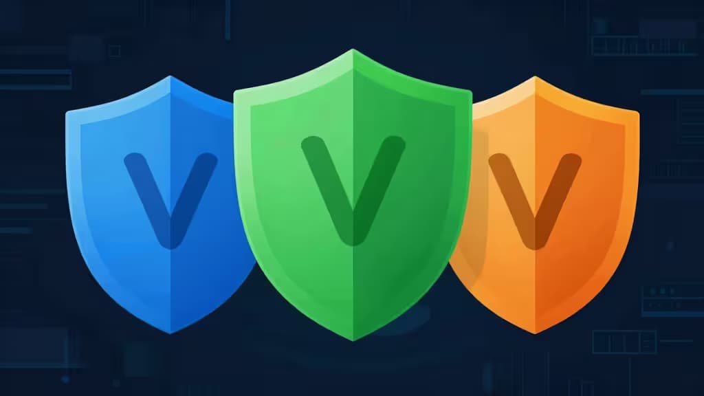 Drie kleurrijke schilden met V-symbolen die NordVPN, Surfshark en ExpressVPN voorstellen in een VPN-vergelijking